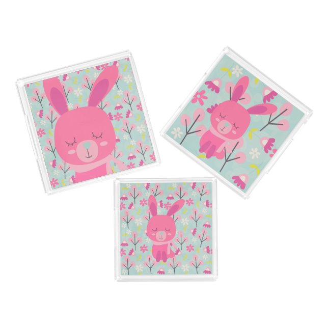 Pink Bunnies and Flowers Acrylic Tray (Set)
