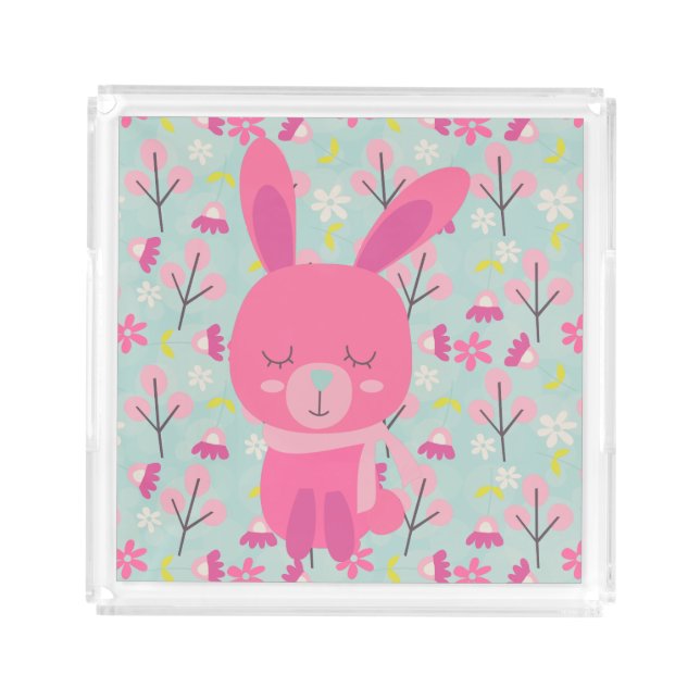 Pink Bunnies and Flowers Acrylic Tray (Front)