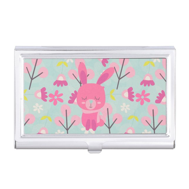 Pink Bunnies and Flowers Case For Business Cards (Front)
