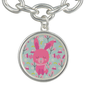 Pink Bunnies and Flowers Charm Bracelet