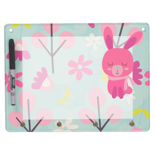 Pink Bunnies and Flowers Dry Erase Board With Keychain Holder (Front)