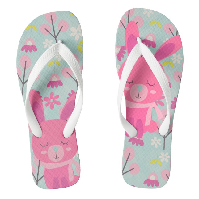Pink Bunnies and Flowers Flip Flops (Footbed)