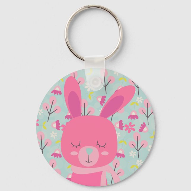 Pink Bunnies and Flowers Keychain (Front)