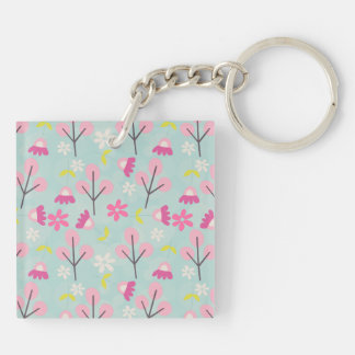 Pink Bunnies and Flowers Keychain