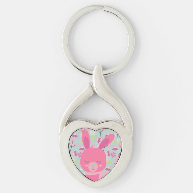 Pink Bunnies and Flowers Keychain (Front)