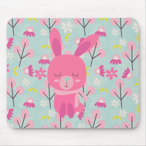 Pink Bunnies and Flowers Mouse Pad