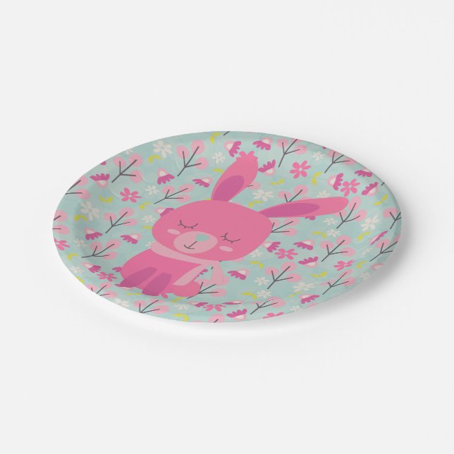 Pink Bunnies and Flowers Paper Plates (Angled)