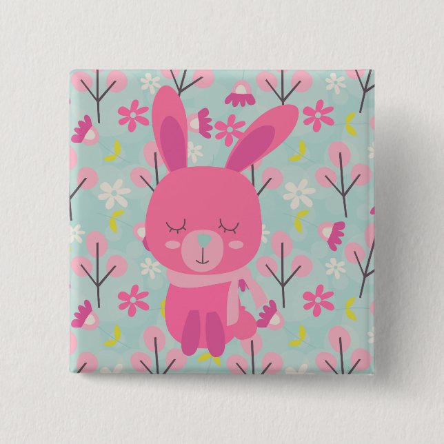 Pink Bunnies and Flowers Pinback Button (Front)