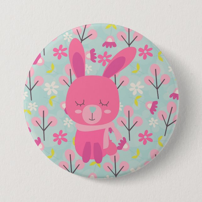 Pink Bunnies and Flowers Pinback Button (Front)