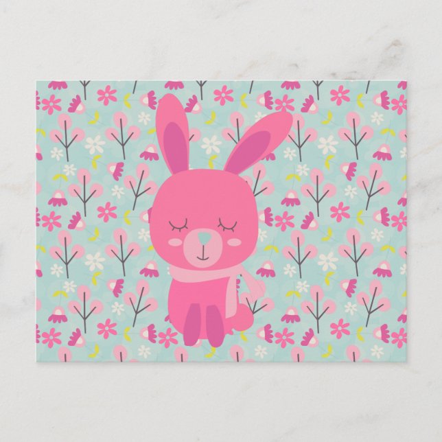 Pink Bunnies and Flowers Postcard (Front)