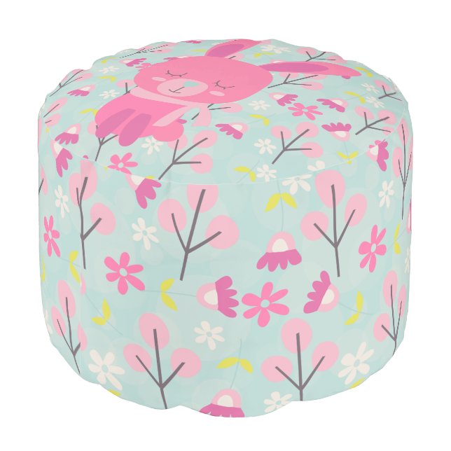 Pink Bunnies and Flowers Pouf (Angled Back)