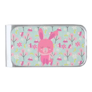 Pink Bunnies and Flowers Silver Finish Money Clip