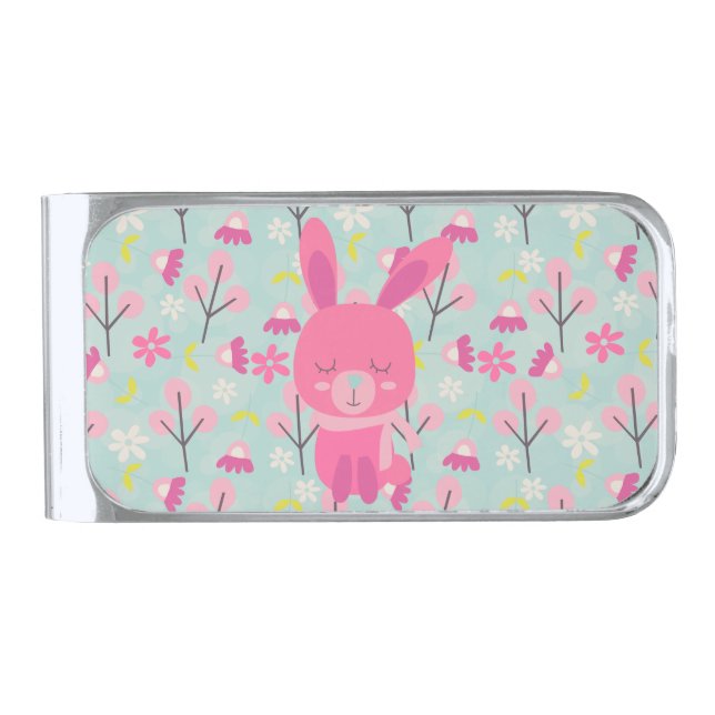 Pink Bunnies and Flowers Silver Finish Money Clip (Front)
