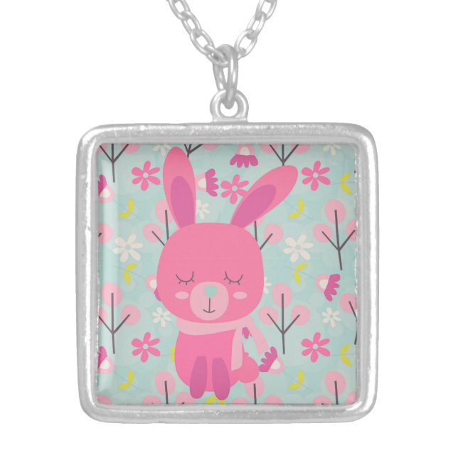 Pink Bunnies and Flowers Silver Plated Necklace (Front)