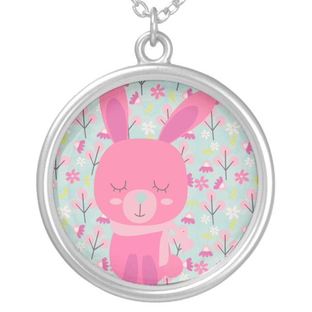 Pink Bunnies and Flowers Silver Plated Necklace (Front)