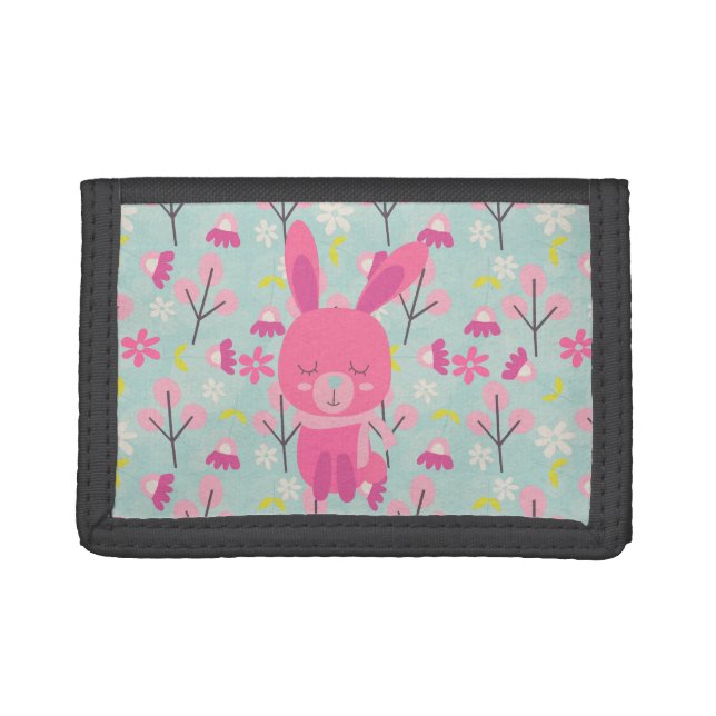 Pink Bunnies and Flowers Trifold Wallet (Front)