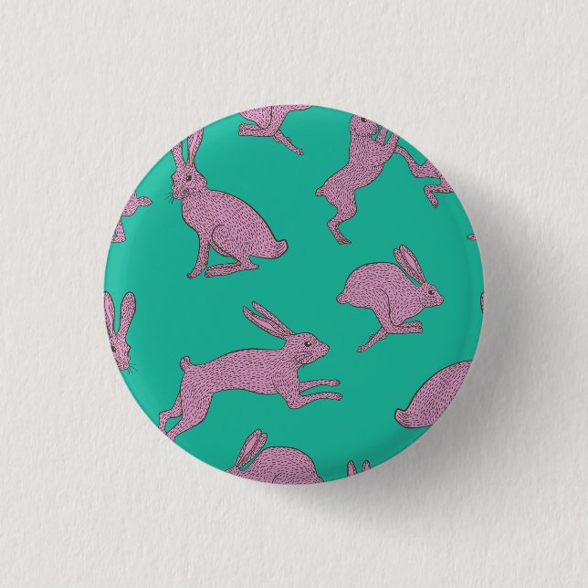 Pink Bunnies on Green Badge Pinback Button (Front)