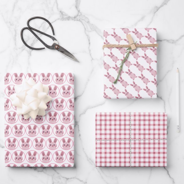 Pink bunnies party wrapping paper sheets (Front)