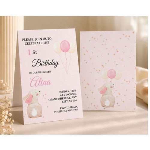 Pink Bunny 1st Birthday Invitation | Editable Baby