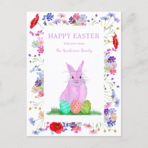 Pink Bunny and Eggs Boho Floral Easter Holiday Postcard
