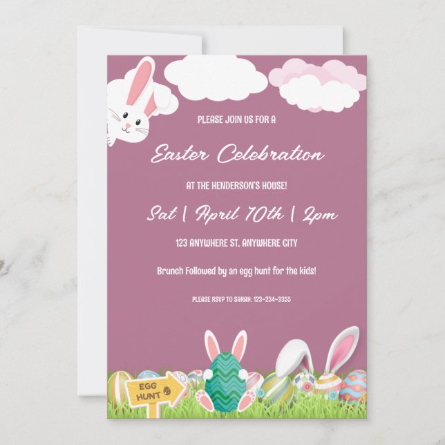 Pink Bunny And Eggs Easter Brunch And Egg Hunt Invitation (Front)
