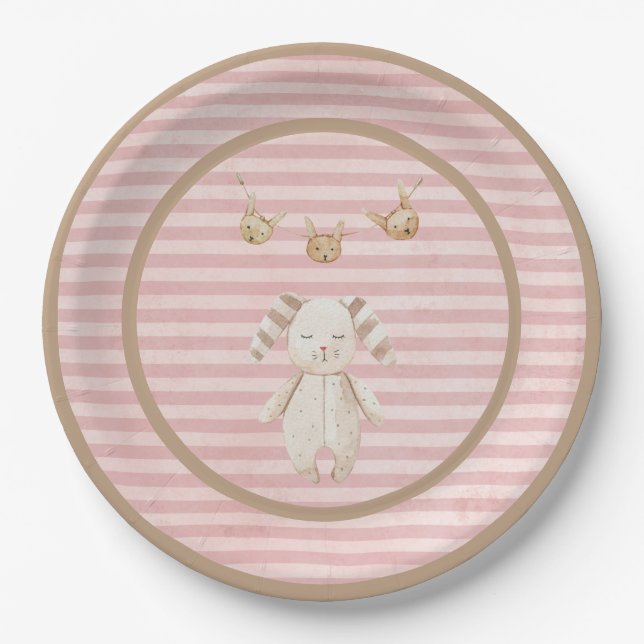 Pink Bunny Baby Girl  Pastel Stripes Paper Plates (Front)