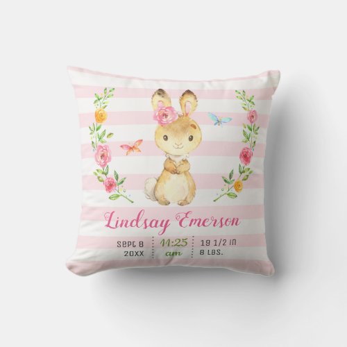 Pink Bunny Baby Girl Stats Toddler Newborn Nursery Throw Pillow