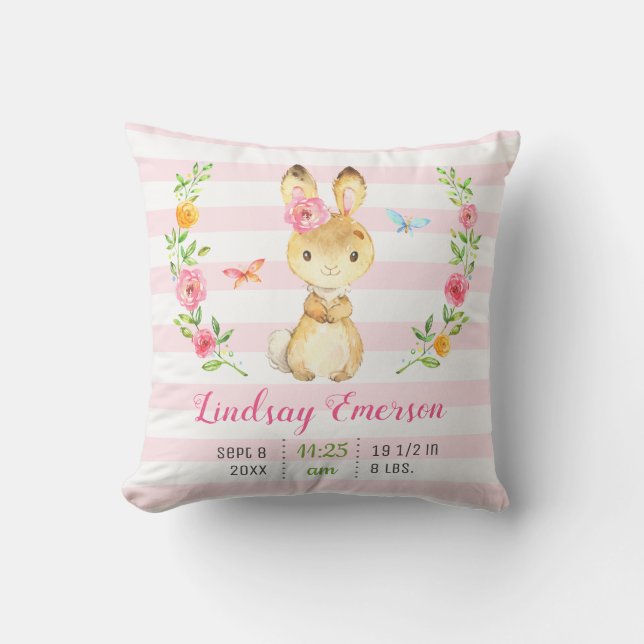 Pink Bunny Baby Girl Stats Toddler Newborn Nursery Throw Pillow (Front)
