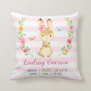 Pink Bunny Baby Girl Stats Toddler Newborn Nursery Throw Pillow