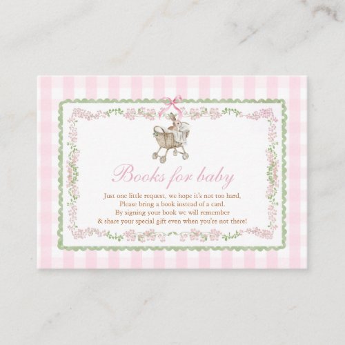 Pink Bunny Baby Shower Gingham Books for Baby Enclosure Card