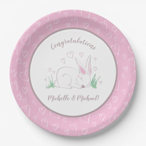 Pink Bunny Baby Shower Woodland Watercolor Paper Plates