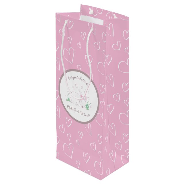 Pink Bunny Baby Shower Woodland Watercolor Wine Gift Bag (Back Angled)