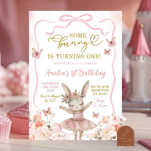 Pink Bunny Ballerina First Birthday Invitation