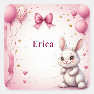 Pink Bunny Birthday Balloon 🐰 Square Sticker