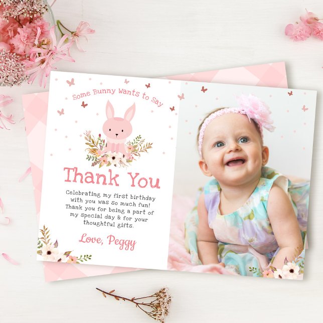 Pink Bunny Butterfly Birthday Photo Thank You Card (Creator Uploaded)