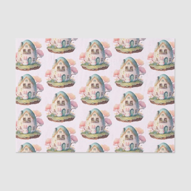 Pink Bunny & Egg Shaped House Kawaii Pattern Tissue Paper (Front)