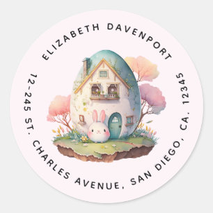 Pink Bunny & Egg Shaped House Kawaii Style Address Classic Round Sticker