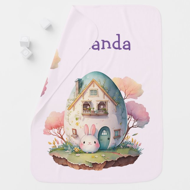 Pink Bunny & Egg Shaped House Kawaii Style Baby Blanket (In Situ)