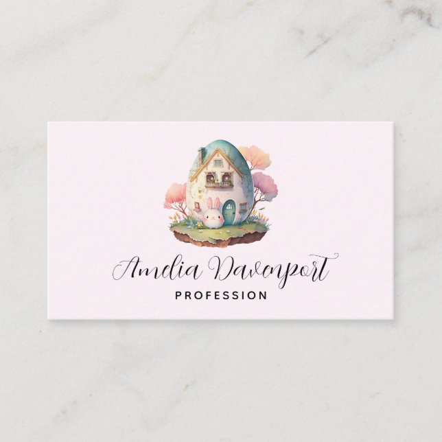 Pink Bunny & Egg Shaped House Kawaii Style Business Card (Front)