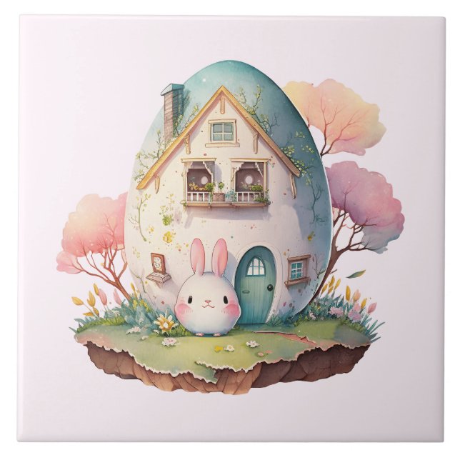 Pink Bunny & Egg Shaped House Kawaii Style Ceramic Tile (Front)