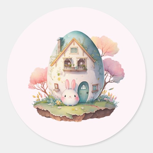 Pink Bunny  Egg Shaped House Kawaii Style Classic Round Sticker