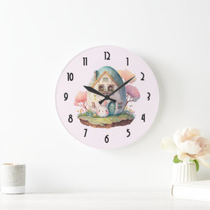 Pink Bunny & Egg Shaped House Kawaii Style Large Clock