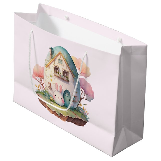 Pink Bunny & Egg Shaped House Kawaii Style Large Gift Bag (Front Angled)