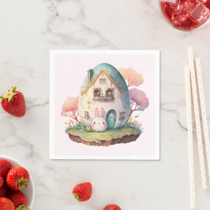 Pink Bunny & Egg Shaped House Kawaii Style Napkins