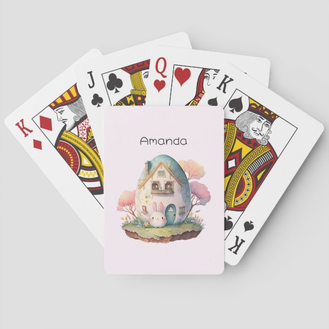 Pink Bunny & Egg Shaped House Kawaii Style Poker Cards (Back)