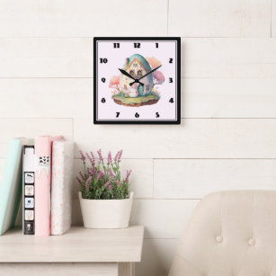 Pink Bunny & Egg Shaped House Kawaii Style Square Wall Clock