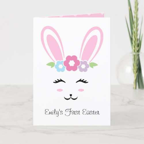 Pink Bunny Face Baby Girl Polka Dots First Easter Holiday Card