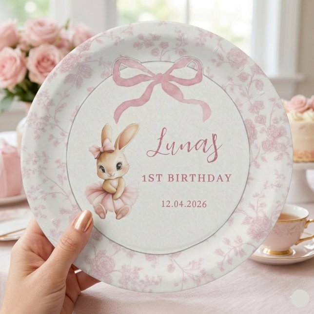 Pink Bunny First Birthday Personalized Party Plate (Creator Uploaded)