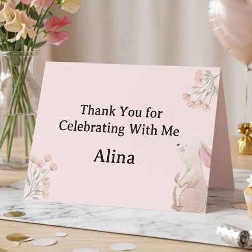 Pink Bunny First Birthday Thank You Card | Editabl