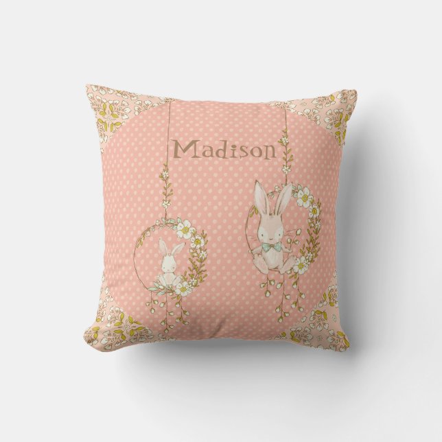 Pink Bunny Floral Baby Girl Personalized Nursery Throw Pillow (Front)
